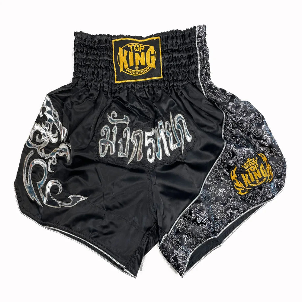 Shorts de Muay Thai Premium – Top King Negro y Plata